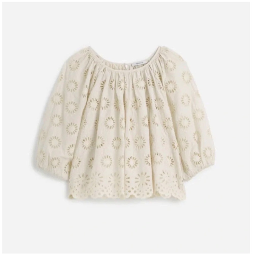 Madewell Eyelet Puff-Sleeve Top Antique Cream Floral Scalloped Small NEW - Picture 2 of 8